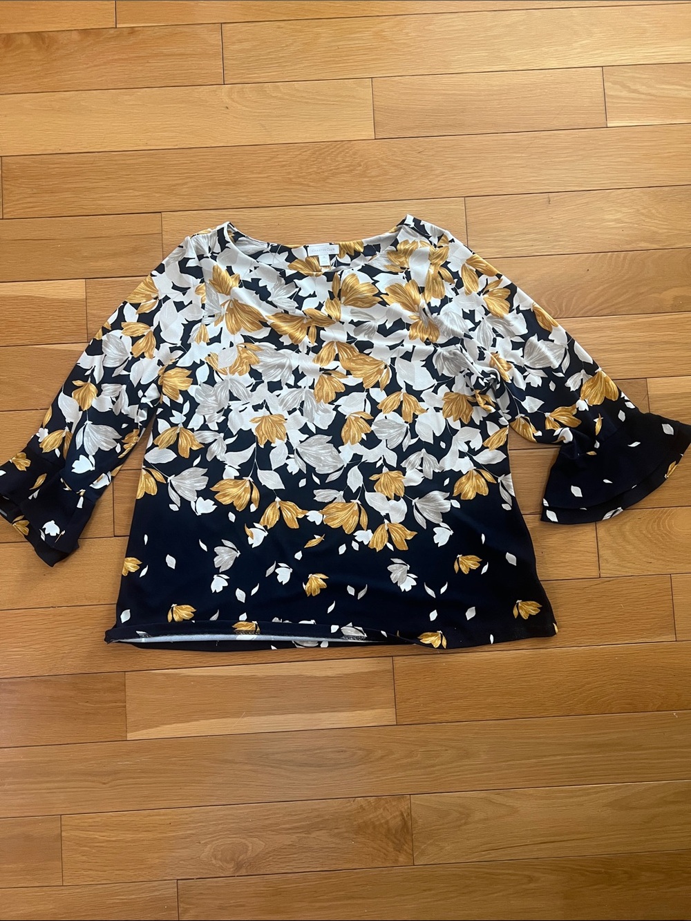 Charter Club Navy Floral Long-Sleeve Tunic with Gold and Cream Blooms - Picture 2 of 3